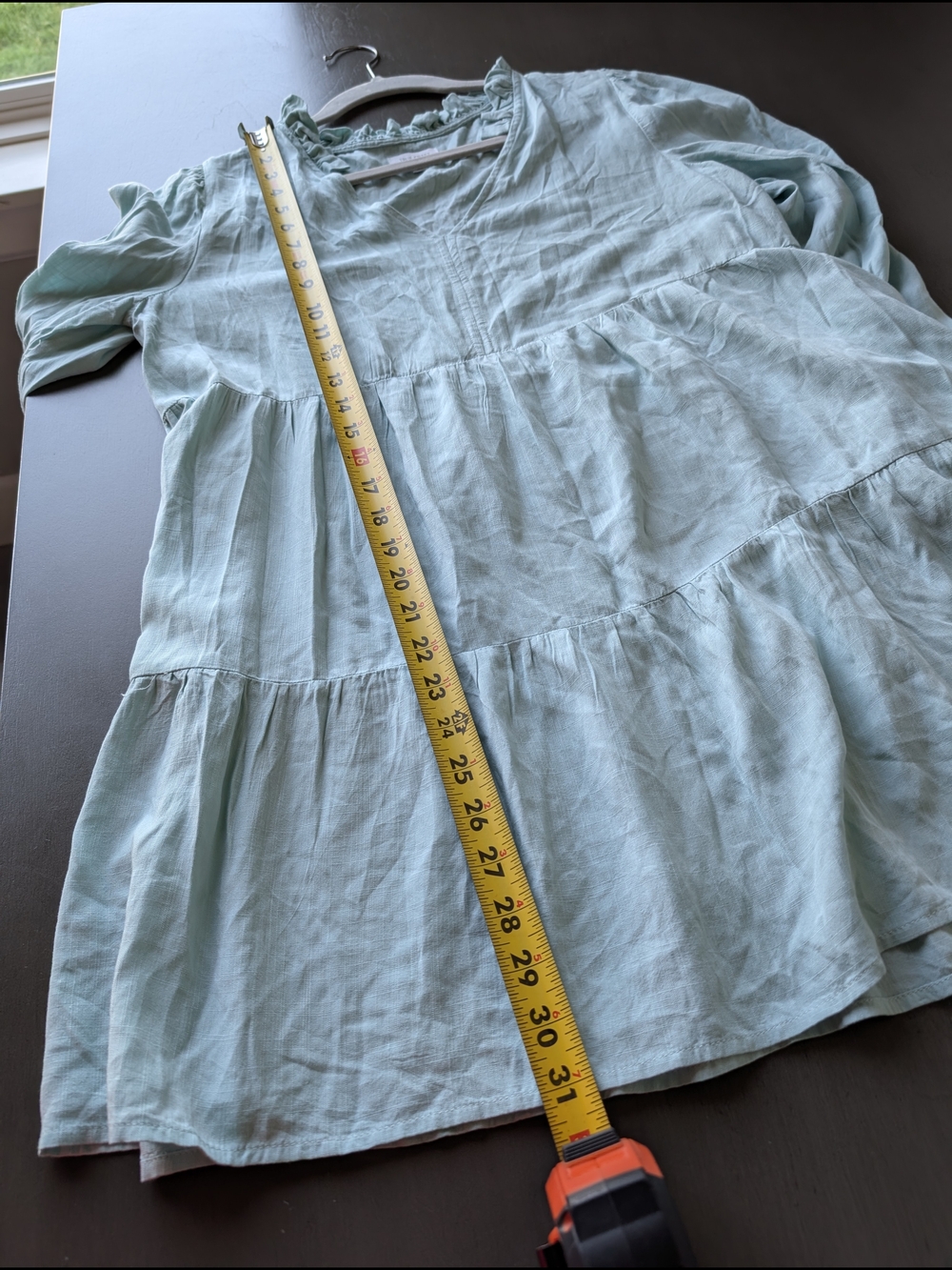 True Craft Muted Green Tiered V-Neck Peasant Midi Dress Tunic Size M Rayon - Picture 8 of 9